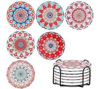 Mandala Coasters Set of 6, Ceramic Round Drink Coasters with Holder Absorbent Drink Coaster Set with Non-slip Cork Base & Ceramic Stone Cup Pad for Cups Mug Wine Glass Home Kitchen & Bar - Orange