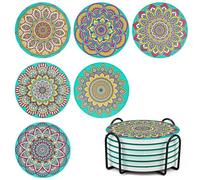 Mandala Coasters Set of 6, Ceramic Round Drink Coasters with Holder Absorbent Drink Coaster Set with Non-slip Cork Base & Ceramic Stone Cup Pad for Cups Mug Wine Glass Home Kitchen & Bar - Green