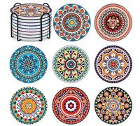 Mandala Coasters Set of 8, Ceramic Round Drink Coasters with Holder Absorbent Drink Coaster Set with Non-slip Cork Base & Ceramic Stone Cup Pad for Cups Mug Wine Glass Home Kitchen & Bar
