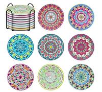 Mandala Coasters Set of 8, Ceramic Round Drink Coasters with Holder Absorbent Drink Coaster Set with Non-slip Cork Base & Ceramic Stone Cup Pad for Cups Mug Wine Glass Home Kitchen & Bar