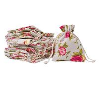 Mandala Crafts Rose Burlap Drawstring Bags - Floral Gift Bags - Flower Linen Burlap Bags with Drawstring Small Pouches for Wedding Party Favor Jewelry 50 Bags 4X6 Inches