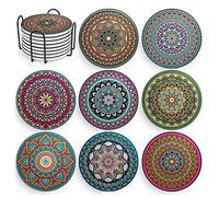 Mandala Drink Coasters with Holder - 8 Set Ceramic Boho Coaster for Drinks Absorbent with Cork Base and Black Holder - Coasters for Coffee Table Apartment Wooden Bar Mugs Glasses Cup Beer