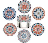 Mandala Flower Blue Boho Set of 6 Coasters Absorbent Ceramic Drink Mats with Cork Base & Metal Holder, Spill Protectors for Mugs/Cups, Cheerful Home/Bar Decor