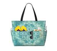 Mandala Flower Print Large Beach Bag Foldable Travel Shoulder Tote Bag With Pocket For Weekender Pool Vacation