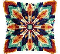 Mandala Flowers Latch Hook Kits Pillow DIY Rug Crochet Hook Cushion Making Kits Preprinted Pattern Canvas DIY Handmade Rug Pillow Hooking Kits for Home Decor 43x43cm (H462)
