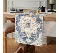 Mandala Geometric Flowers Blue Linen Table Runner - 40 x 140 cm Modern Boho Style for Party Holiday Dining Room