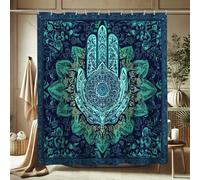 Mandala Hand Shower Curtain, Navy Blue Teal Floral Patterned Fabric Shower Curtain for Bathroom Decor, Modern Bohemian Home Accessory, Ideal for Spring Summer Refresh 62x72 Inch