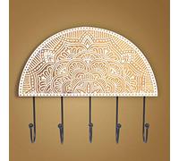 Mandala Life ART Boho Chic Decorative Key Hanger for Wall - 5 Medium Hooks - Natural Raw Mango Wood - Hand Curved Wooden Stamp with Metal Hook - Jewelry Hanger