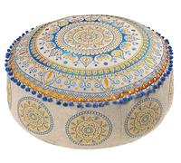 Mandala Life ART Yellow Round Velvet Pouf Cover - Digital Printed Ottoman Slipcover with Moroccan Design, 24 Inch Diameter, Ideal for Living Room, Bedroom, or Meditation Space - Floow Pillow Cushion