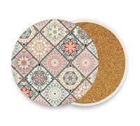 Mandala Portia Chic Style Tiles Square Portuguese Moroccan Motifs 1 PC Ceramic Mug Coaster for Drinks, Stone Coasters Holder with Cork Base, Oversize Cup Mat Pad for All Mugs, Housewarming Gift