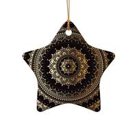 Mandala Print Tree Ceramic Hanging Decor, Christmas Ceramic Star Heart Pendant For Xmas Tree Festive Setup