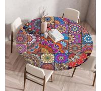Mandala Round Fitted Tablecloth With Elastic Edged Circle Table Cover Table Protector For Kitchen Outdoor Family Gathering