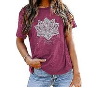 Mandala Shirt for Women Lotus Flower Graphic Tees Short Sleeve Casual Mandala T Shirts Tops, Purple Red, Medium
