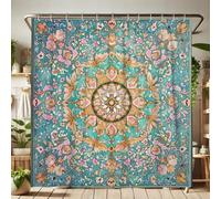 Mandala Shower Curtain, Turquoise Floral Bathroom Decor for Spring and Summer, Bohemian Waterproof Fabric with Hooks 72x72 Inch