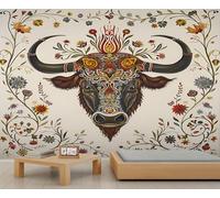 Mandala with Cow Wallpapers Flowers and Vines Girls Wallpaper Sacred Animal Art Bull Wallpaper Murals for Walls Vintage Ethnic Geometric Plants Living Room Bedroom Mural Poster 300X240cm
