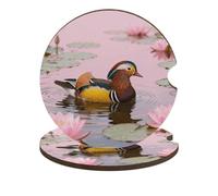 Mandarin Duck in Lotus 2 Pack Car Coasters for Cup Holders Wooden Absorbent Car Cup Coasters Non-Scratch Cork Base, Water Resistant Cups Mat for Women & Men (Fits Most Cars, SUVs, Trucks)