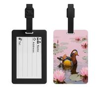 Mandarin Duck in Lotus Luggage Tag Suitcase Marker Travel Baggage Identifier with Boarding Card Holder Sturdy TPU Travel Label for Suitcases and Work Bags