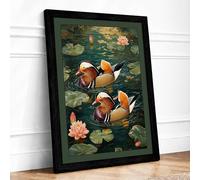 Mandarin Ducks at Dusk Japandi Framed Wall Art Print A2 (59.4×42cm) Black, Wall Decor for Living Room, Bedroom, Office & Home, Ready to Hang, Art Gift