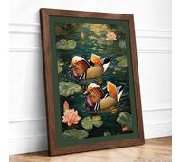 Mandarin Ducks at Dusk Japandi Framed Wall Art Print A2 Walnut Frame