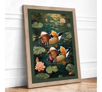 Mandarin Ducks at Dusk Japandi Framed Wall Art Print A4 (29.7×21cm) Oak, Wall Decor for Living Room, Bedroom, Office & Home, Ready to Hang, Art Gift