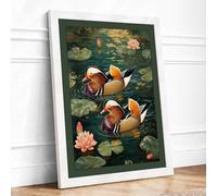 Mandarin Ducks at Dusk Japandi Framed Wall Art Print A4 White Frame