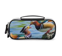 Mandarin Ducks Playing in The Water Pencil Case with Handle, Large Capacity PU Leather Pencil Bag Office Organizer, Portable Cosmetic Bag for Travel, Home