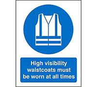 Mandatory Sign High Vis Waistcoats Worn At All Times Adhesive Plastic 20 x 15 cm