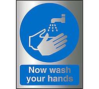 Seco Now Wash Your Hands Sign, 150mm x 200mm - 2mm Brushed Aluminium Effect Acrylic