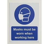 Mandatory signs Masks must be worn when working here Safety sign - Self adhesive sticker 200mm x 150mm