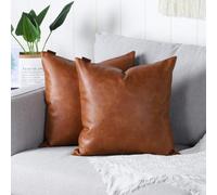 Mandioo Brown Faux Leather Decorative Cushion Covers 16x16 Inches Modern Solid Outdoor Cushion Cases Luxury Throw Pillowcases for Couch Sofa Bed 40cmx40cm,Pack of 2