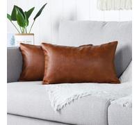 Mandioo Brown Faux Leather Decorative Lumbar Cushion Covers 12x20 Inches Modern Solid Outdoor Cushion Cases Luxury Throw Pillowcases for Couch Sofa Bed 30cmx50cm,Pack of 2