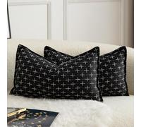 Mandioo Pack of 2 Burlap Linen Cushion Covers Woven Textured Modern Farmhouse Throw Pillow Cases Decorative Couch Sofa Bed Living Room 12 x 20 Inch 30x50 cm Black