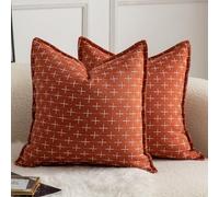 Mandioo Pack of 2 Burlap Linen Cushion Covers Woven Textured Modern Farmhouse Throw Pillow Cases Decorative Couch Sofa Bed Living Room 18 x 18 Inch 45x45 cm Burnt Orange