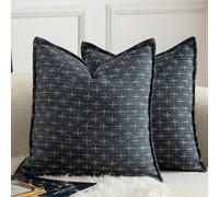 Mandioo Pack of 2 Burlap Linen Cushion Covers Woven Textured Modern Farmhouse Throw Pillow Cases Decorative Couch Sofa Bed Living Room 18 x 18 Inch 45x45 cm Deep Blue