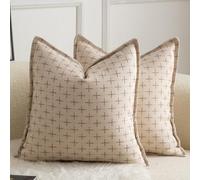 Mandioo Pack of 2 Burlap Linen Cushion Covers Woven Textured Modern Farmhouse Throw Pillow Cases Decorative Couch Sofa Bed Living Room 26 x 26 Inch 65x65 cm Greyish White