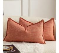 Mandioo Pack of 2 Burlap Linen Cushion Covers Woven Textured Modern Farmhouse Throw Pillow Cases Decorative Couch Sofa Bed Living Room 12 x 20 Inch 30x50 cm Red