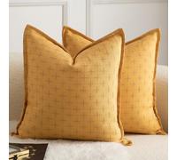 Mandioo Pack of 2 Burlap Linen Cushion Covers Woven Textured Modern Farmhouse Throw Pillow Cases Decorative Couch Sofa Bed Living Room 24 x 24 Inch 60x60 cm Yellow