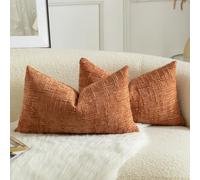 Mandioo Pack of 2 Solid Decorative Soft Chenille Burnt Brick Cushion Covers 30x50cm 12x20 Inch Lumbar Accent Solid Throw Pillow Case Soft Cozy Luxury Pillow Covers for Sofa Couch Bedroom