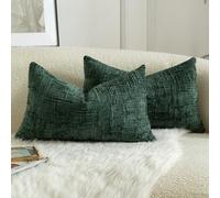 Mandioo Pack of 2 Solid Decorative Soft Chenille Dark Green Cushion Covers 30x50cm 12x20 Inch Lumbar Accent Solid Throw Pillow Case Soft Cozy Luxury Pillow Covers for Sofa Couch Bedroom