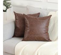 Mandioo Set of 2 Boho Striped Faux Leather Cushion Covers 65cm x 65cm 26x26 Inch Modern Luxury Square Decorative Throw Pillow Cases for Living Room Bedroom Sofa Couch Dark Brown