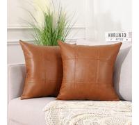 Mandioo Set of 2 Classic Plaid Faux Leather Decorative Cushion Covers 40cm x 40cm 16x16 Inch Modern Luxury Vegan Outdoor Throw Pillow Cases Pillowcases for Couch Sofa Bed Farmhouse Brown