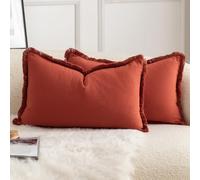 Mandioo Set of 2 Neutral Cotton Fringe Cushion Covers 30x50 cm 12x20 inch Decorative Boho Farmhouse Throw Pillowcase Cozy Tassels for Couch Sofa Bedroom Living Room Home Decor Burnt Brick
