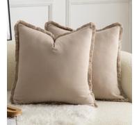 Mandioo Set of 2 Neutral Cotton Fringe Cushion Covers 45x45 cm 18x18 inch Decorative Boho Farmhouse Throw Pillowcase Cozy Tassels for Couch Sofa Bedroom Living Room Home Decor Taupe
