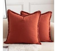 Mandioo Set of 2 Neutral Cotton Fringe Cushion Covers 50x50 cm 20x20 inch Decorative Boho Farmhouse Throw Pillowcase Cozy Tassels for Couch Sofa Bedroom Living Room Home Decor Burnt Brick
