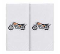 MANDITTIONS Box of 2 White Cotton Handkerchiefs Each Embroidered with a Classic Motorbike