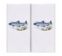 MANDITTIONS Box of 2 White Cotton Handkerchiefs Each Embroidered with a Fish