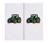MANDITTIONS Box of 2 White Cotton Handkerchiefs Each Embroidered with a Green Farm Tractor