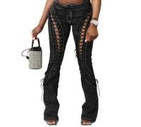 Mandonce Jeans for Women Denim Pants Cutout Low Rise Button Drawstring Hollow Raw Edge Vintage Black Pants Clubwear Sexy, Black, M