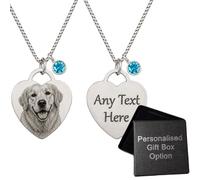 Mandore Designs® Engraved Personalised Birthstone Custom Pet Heart Shape Necklace Photo and Text Pendant for Dog & Cat Memory (Both Sides Photo Engraving)