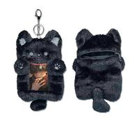 Mandu Deco Black Cat Plush Photocard Holder, ID Badge Holder Cover Protective Lanyard, Two Pockets, fits toploaders and airpods